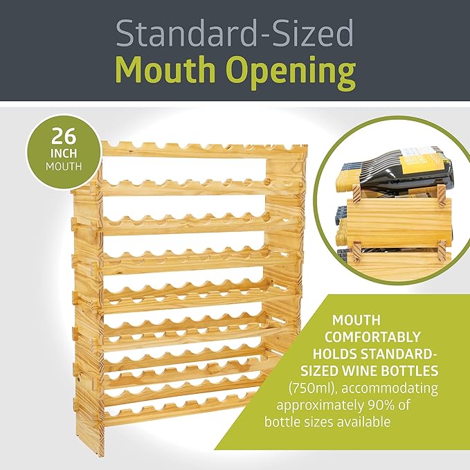 Pearington 72 Bottle Stackable Modular Wine Rack, 8-Tier Solid Pine Wine Bottle Holder, Free Standing Display Shelf, Wobble-Free Shelves for Kitchen, Bar, and Cellar, 10” x 33.5” x 43”