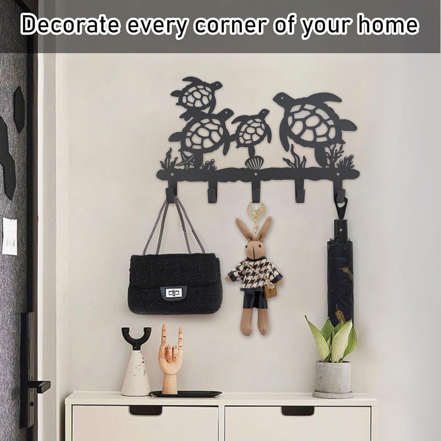 Metal Sea Turtle Coat Hooks Wall Mount-Sea Turtle Hangers and Key Holder-Clothes Hat Rack and Backpack Hanger Decor for Storage, Living Room, Hallway, Office Gift (Black)