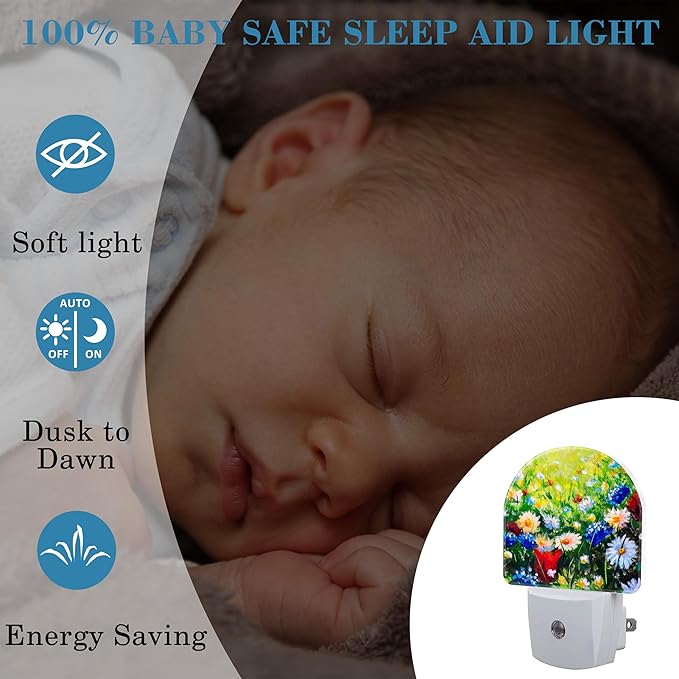 Field Flowers Oil Painting Night Light Plug into Wall with Dusk to Dawn Sensor Cute Nightlight for Kid Girls Boys Women Men Room Decor, Hallway, Kitchen, Bathroom, Nursery, Stairs
