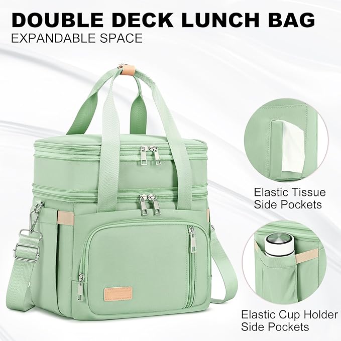 Lunch Box for Men Women - Double Deck Insulated Lunch Bag, Large Leak Proof Tote Cooler, Wide Open Dual Compartment Lunch Bags with Shoulder Strap, For Work Picnic Hiking Beach, Green
