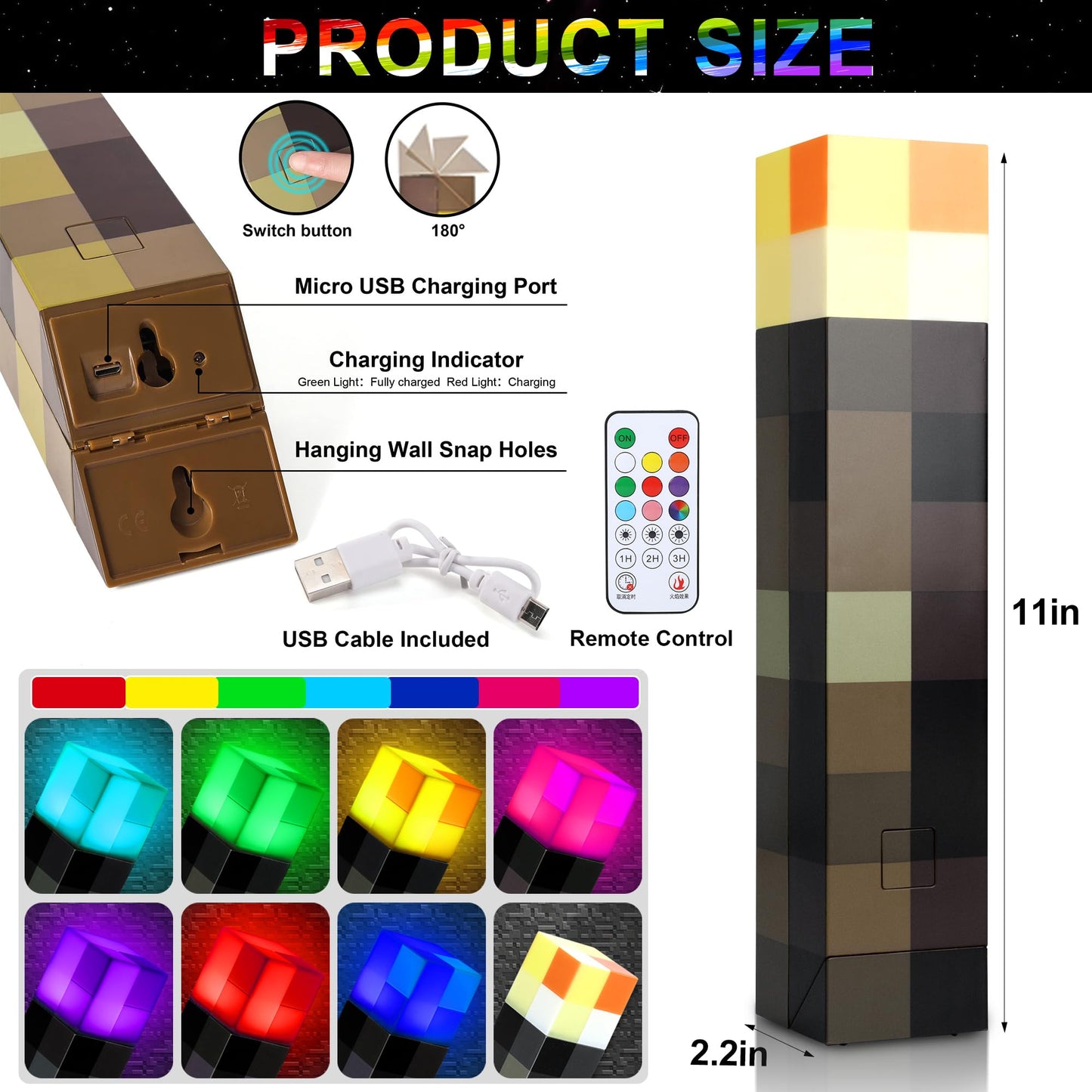 Arrasu LED Torch Lamp with Remote Control, USB Rechargeable, Wall Mountable, Multi-Color Night Light