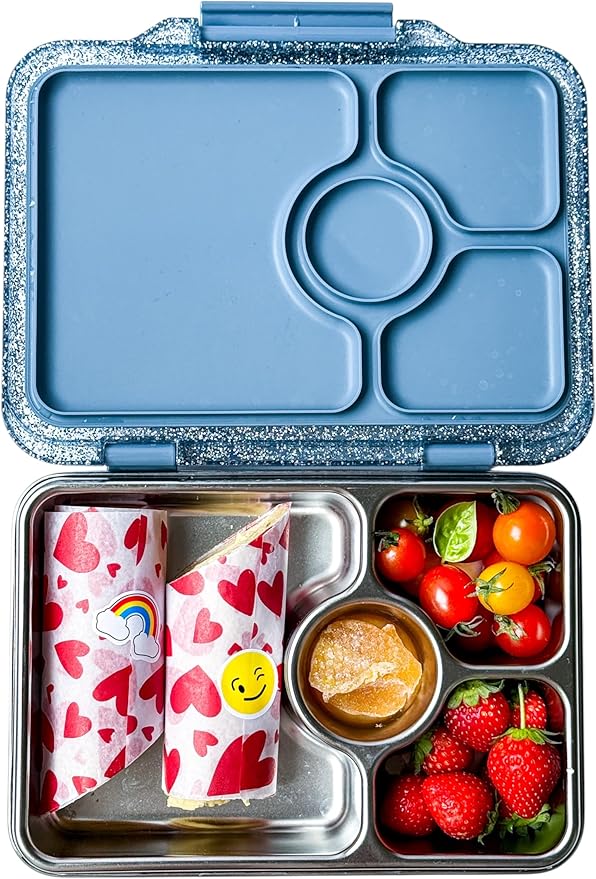 Yumbox Prêt Stainless Steel Leakproof Bento Lunch Box – 3-Compartment, Sandwich-Friendly Tray for Kids & Adults, Reusable, BPA-Free, Easy Open Latch (Paris Blue Glitter)