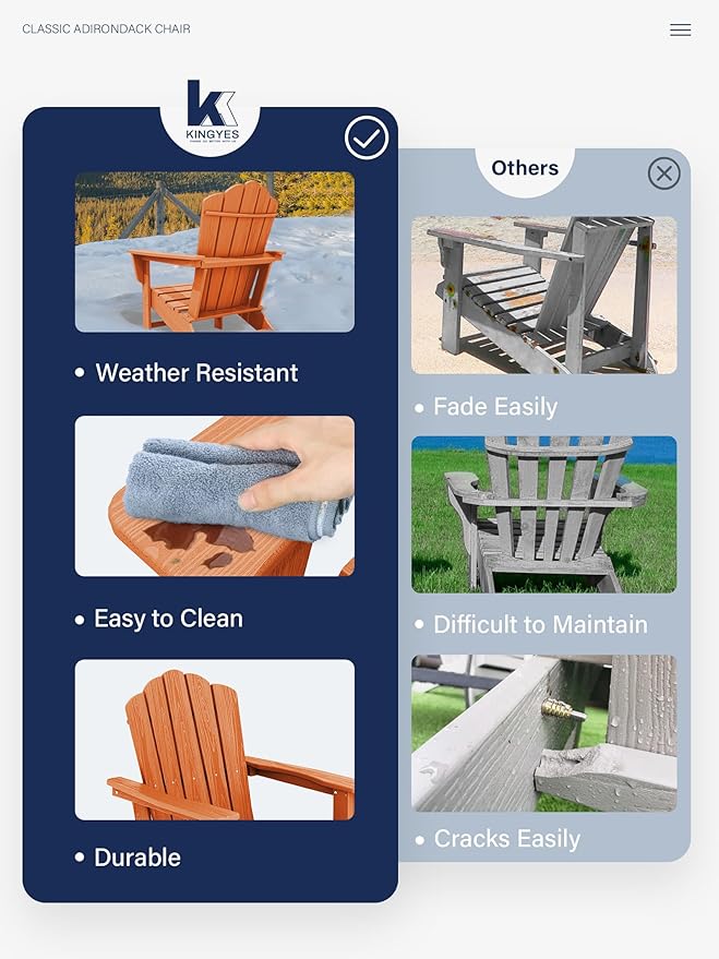 KINGYES HDPE Adirondack Chair Chair Set of 8, Classic All-Weather Adirondack Chair, Orange