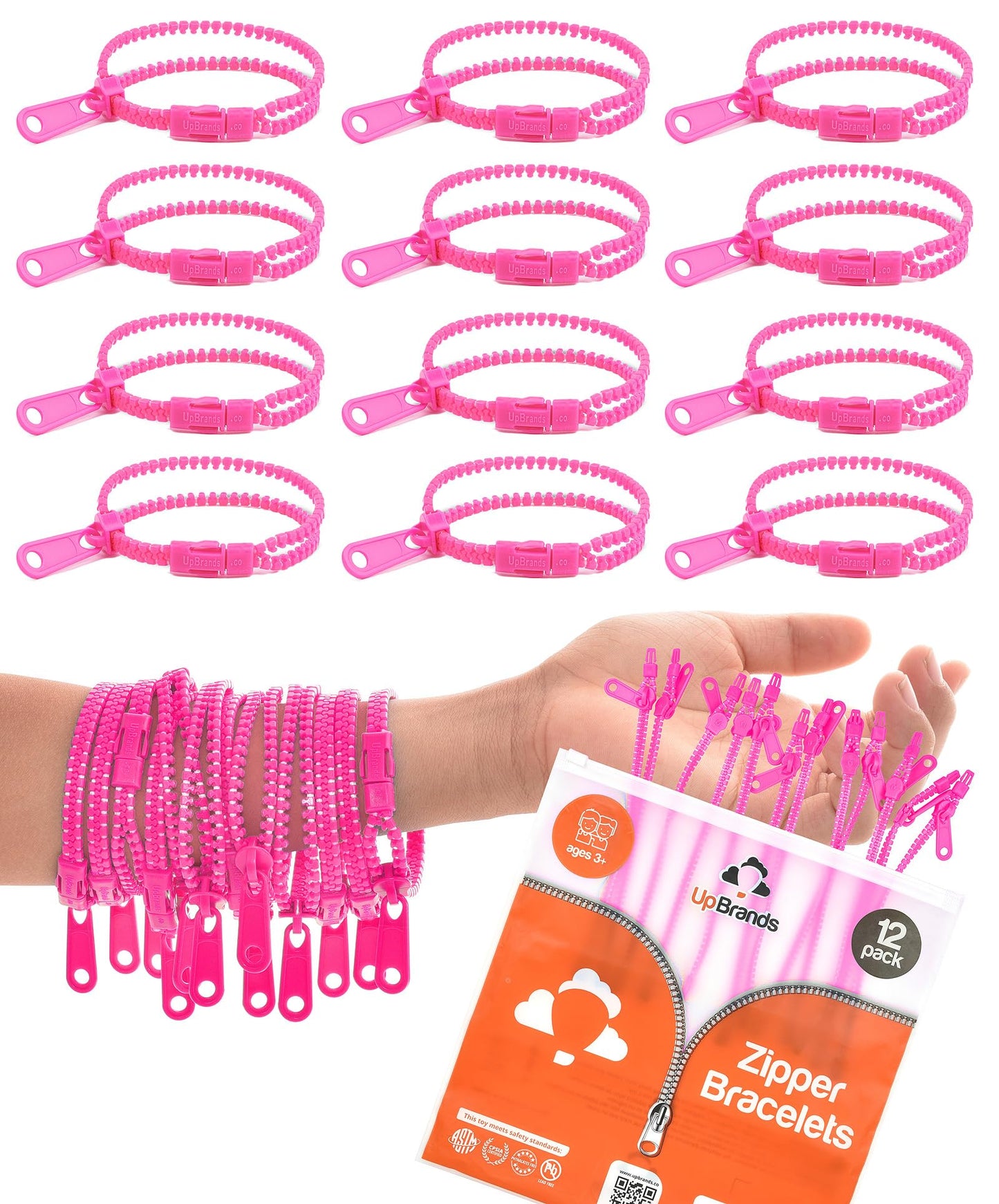 UpBrands 12-Pack Pink 7-Inch Zipper Bracelets - Thoughtful Fidget Party Favors for National Pink Day, Bulk Sensory Toys for Anxi