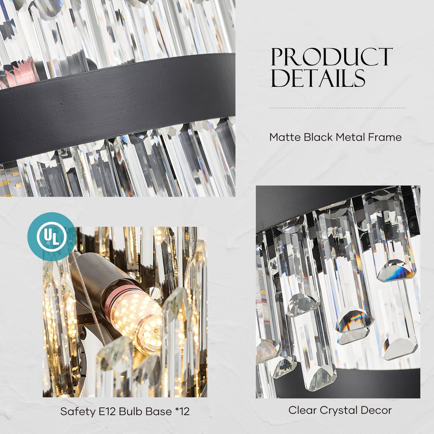 Lighceac 21.7 Black Modern Crystal Chandelier Light Fixtures stylish 2 Ring Crystal Chandeliers For Dining Room 12-Light Round Hanging Pendant Lighting For Living Room Kitchen Island Entryway Bedroom