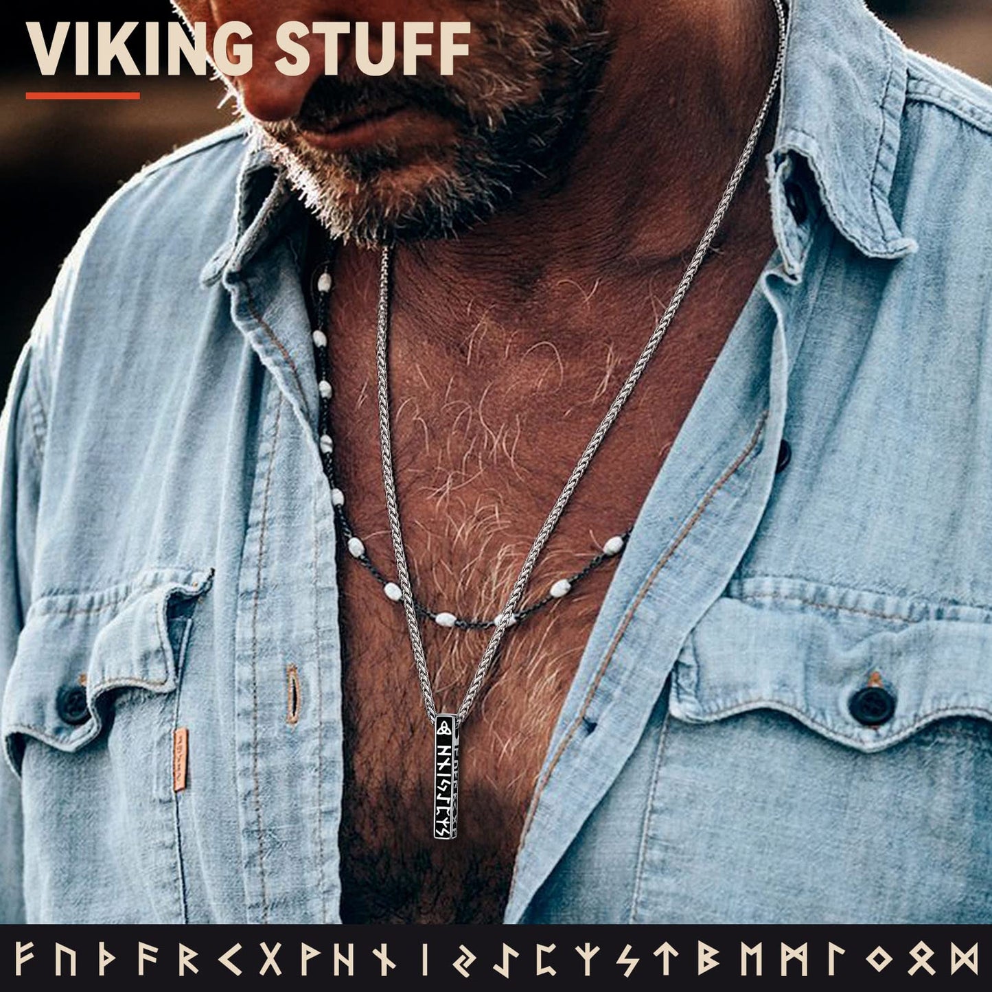 FaithHeart Nordic Rune Pendant Necklace Leather Chains Vertical Bar Viking Runes Pendant for Male