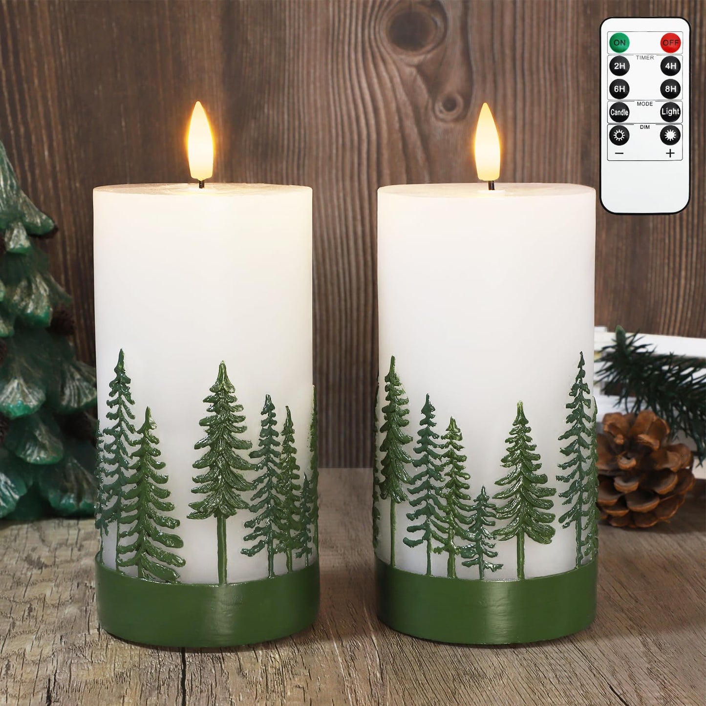 Crystal Club Christmas Tree Flameless Candles, Battery-Powered Led Pillar Candle With Remote, 3D Flickering & Real Wax Embossed