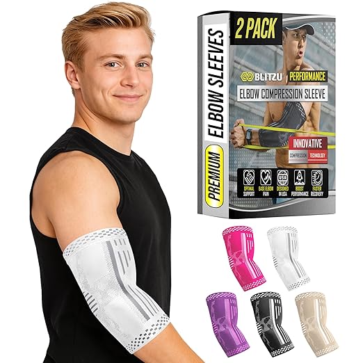 BLITZU Elbow Compression Sleeve for Tendonitis 2 Pack, Tennis Elbow Brace Support for Men and Women Golfers Elbow Pain Rel...
