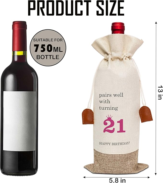 21th Birthday Wine Bag, Cotton Linen Wine Gift Bag With Drawstring, Wine Champagne Bottle Gift Bag, 21st Birthday Gifts Wine Bag for Woman Her Girl Friend Sister, 21th Birthday Party Favors-33
