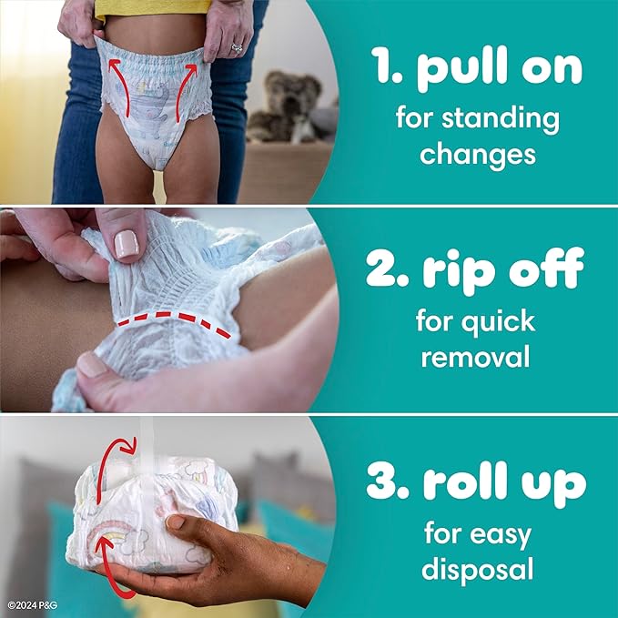 Pampers Diapers - Swaddlers 360° - Size 3, 124 Count, up to 100% Leakproof Comfy Dry Fit, Designed for Easy Changes, Pull On Baby Diaper (Packaging May Vary)