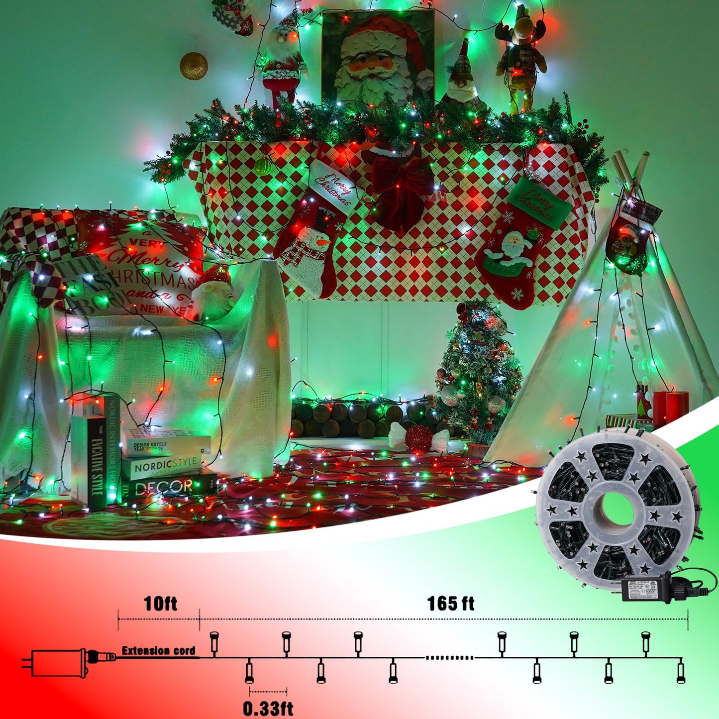 Yeguo 165Ft 500 Led Christmas Lights Outdoor Waterproof  8 Modes Red White And Green String Lights Plug In  Green Wire Twinkle Tree Lights Indoor With Timer Memory