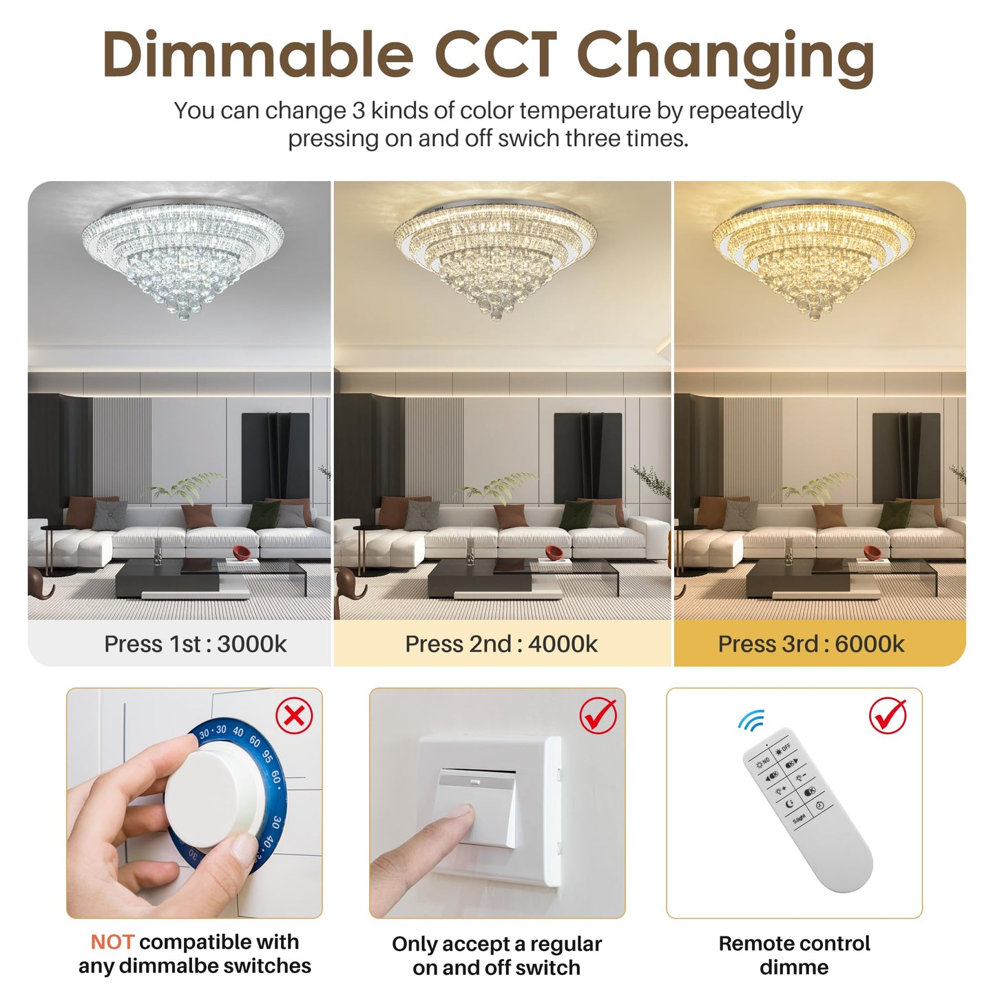 Miuyhji LED Crystal Raindrop Ceiling Light, 30in Dimmable Flush Mount Chandelier, Silver, SUS304/K9 Crystal, Remote Control