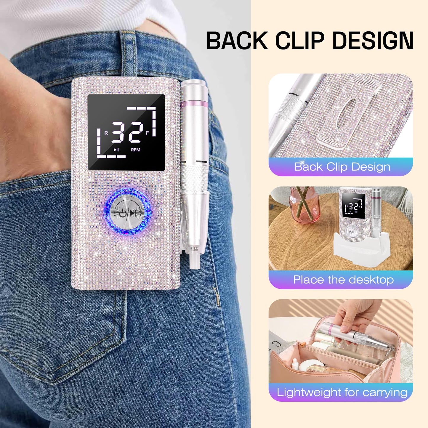 Electric Nail Drill File Machine: Professional 45000RPM Cordless Nail Tool with Stepless Speed Knob for Acrylic Gel Dip Powder N