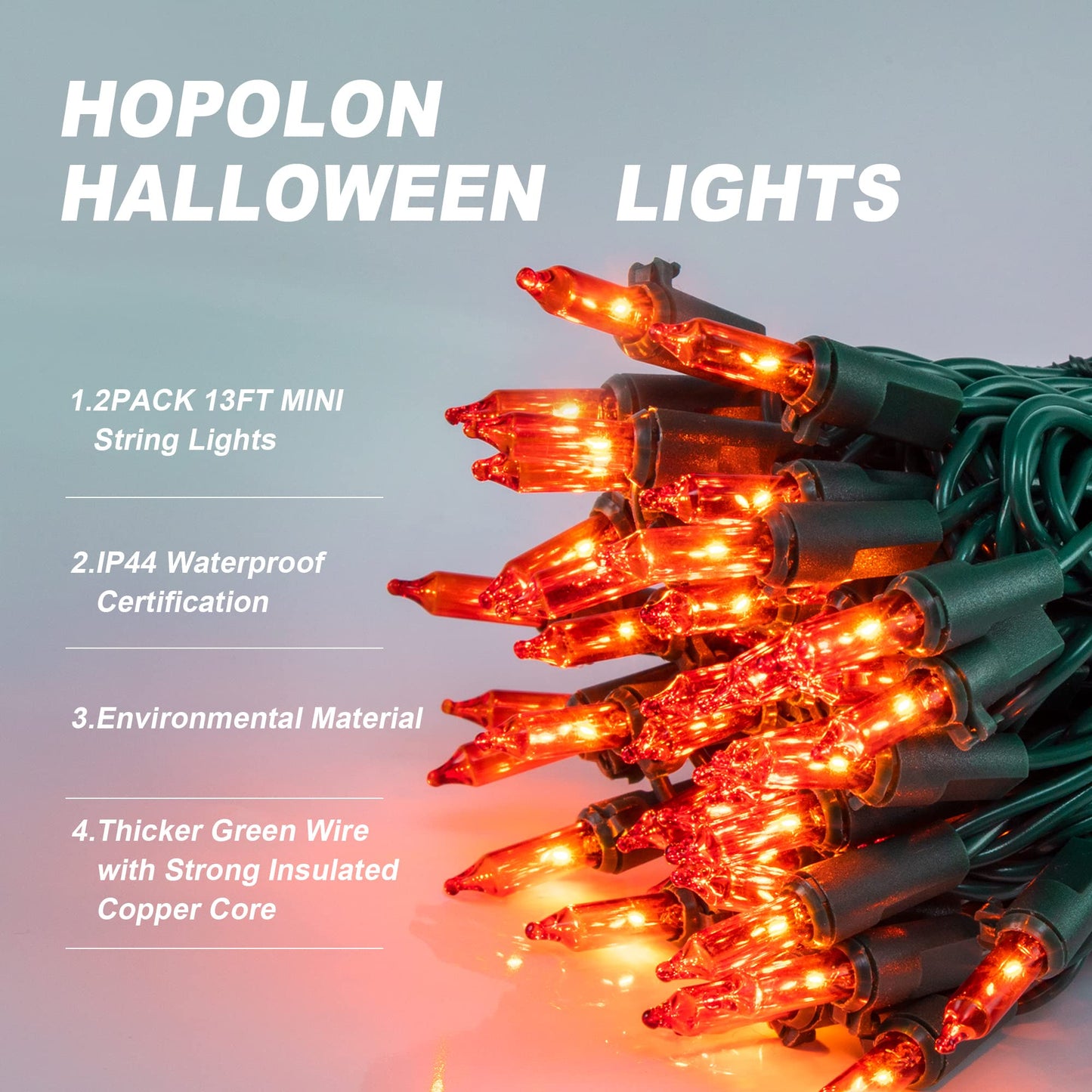 Hopolon Orange Halloween String Lights, 2-Pack 50 LED, 13ft, Waterproof, Plug-in, Green Wire, Ideal for Thanksgiving Party Decor