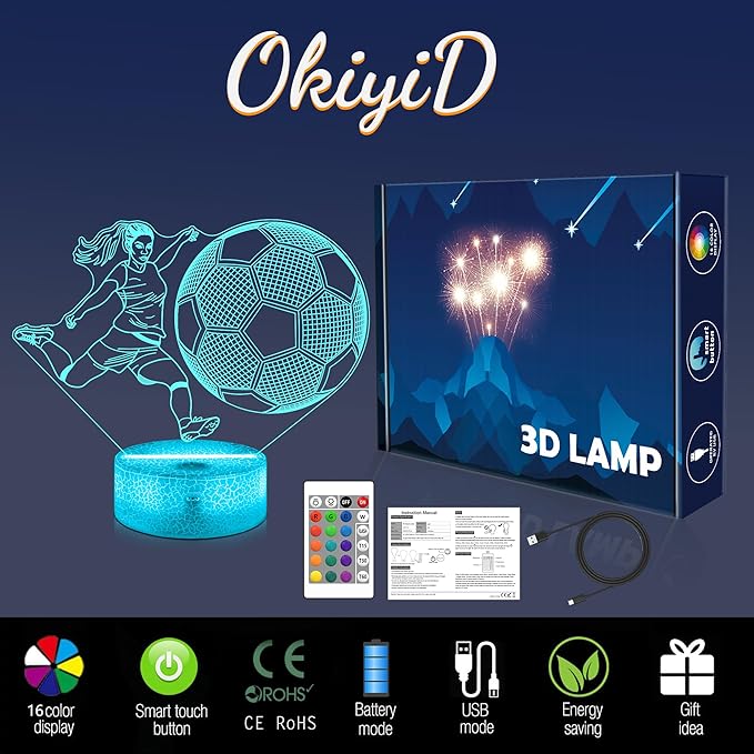 Soccer Gifts for Girls Bedroom Decor,Light Up Soccer 3D Illusion Lamp Night Light with 16 Colors Remote,Football Accessories Birthday Xmas Gifts for Best Friends Sister Daughter Sports Fan Lover