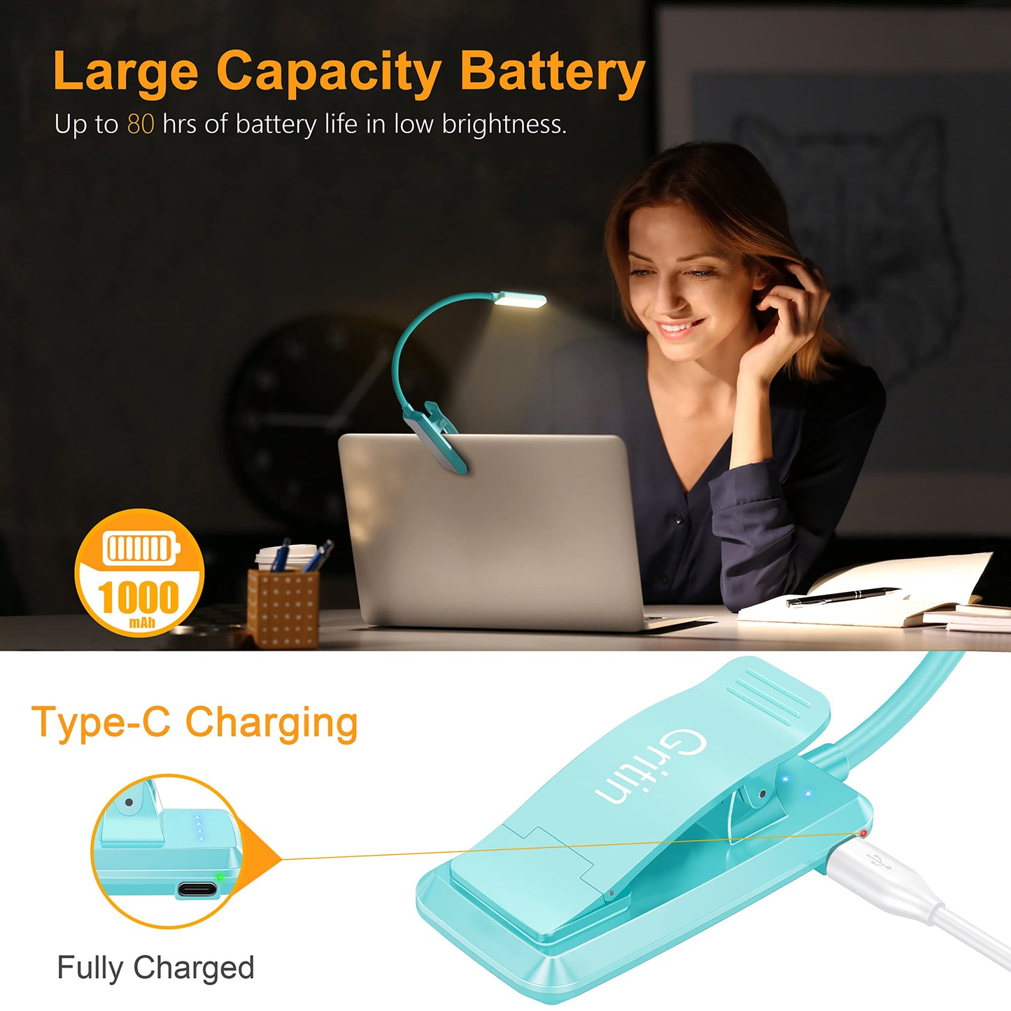 Gritin Rechargeable Book Light - 9 LED, Eye Caring, 3 Color Temperatures, Stepless Dimming, Clip-On, Blue, Model G1330