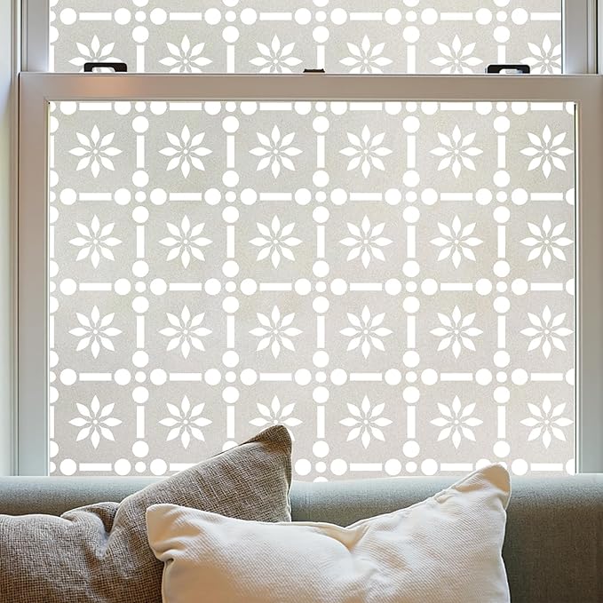 Window Privacy Film, Frosted Glass Decorative Static Cling, Removable Sun Blocking Vinyl Covering,Window Film for Home Kitchen Living Room Bathroom, ‌Floral Grid‌, 17.3" x 78.7"