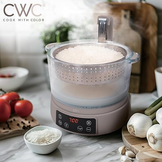 COOK WITH COLOR 3L Glass Mini Low Carb Rice Cooker – Holds 2 Cups Raw/Makes 6 Cups Cooked with Auto Lift Filter Basket, Hotpot & Steamer for Rice, Grains, Digital Panel with Keep Warm, Goat/Mink