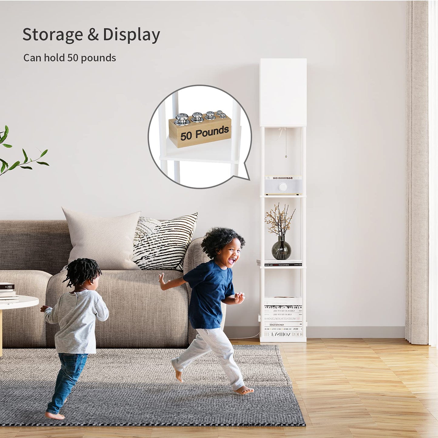 SUNMORY Shelf Floor Lamp with 3-Way Dimmable LED Bulb, Modern Wood Design, White Shade, Model L010401