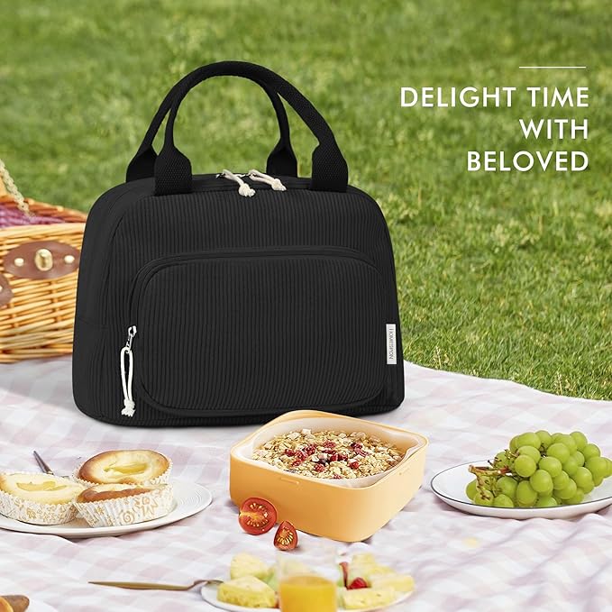 HOMESPON Lunch Bag for Women Men Adults with Front Pocket Cute Corduroy Insulated Lunch Tote Large Capacity Lunch Box Cooler Container for Work Picnic or Travel (Black)