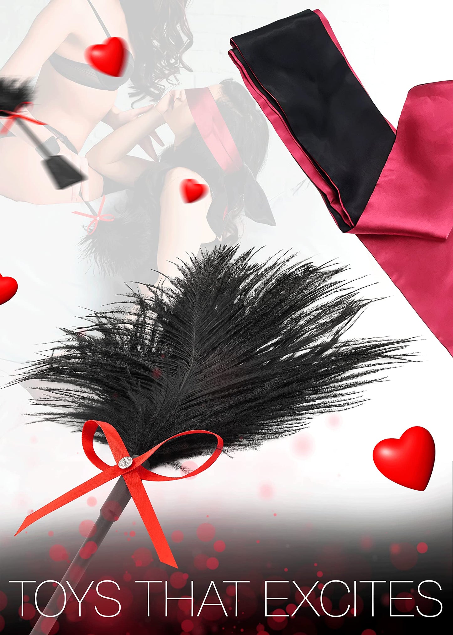 MILOPEDOX Black Feather Tickler for Fun Play, Feather Ticklers Teasers, Crop Toys Role Play Couple Cosplay, Satin Blindfold Eye Mask Red 59"