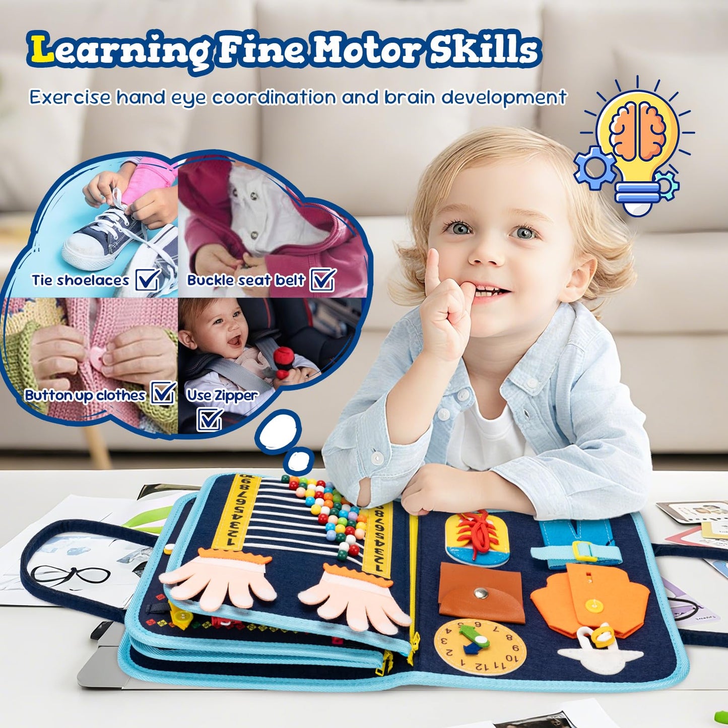 Toddler Busy Board Book Montessori Toys for 1 2 3 4 Years Old,Sensory Board Educational Activities for Learning Fine Motor Skill,Toy for Boy & Girl Birthday Gift,Toddler Toy for Airplane Car Travel﻿