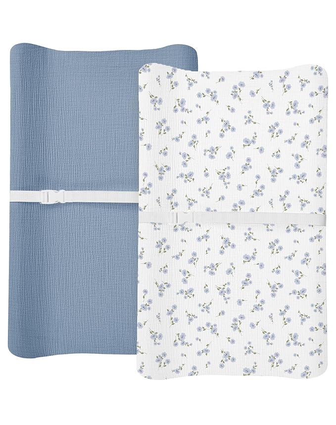 Changing Pad Cover for Baby Boy Girl 2 Pack, Muslin Changing Table Pad Covers with Boho Style, Neutral Nursery Bedding Essentials Soft and Breathable (Bluebell Bloom & Light Blue)