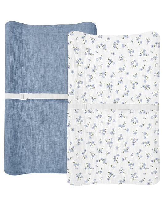 Changing Pad Cover for Baby Boy Girl 2 Pack, Muslin Changing Table Pad Covers with Boho Style, Neutral Nursery Bedding Essentials Soft and Breathable (Bluebell Bloom & Light Blue)