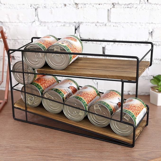 MyGift 2 Tier Rustic Solid Burnt Wood Front Loading Can Dispenser Rack with Black Metal Wire Frame for Canned Food, Soda Pop, Pantry Storage Organizer Rack
