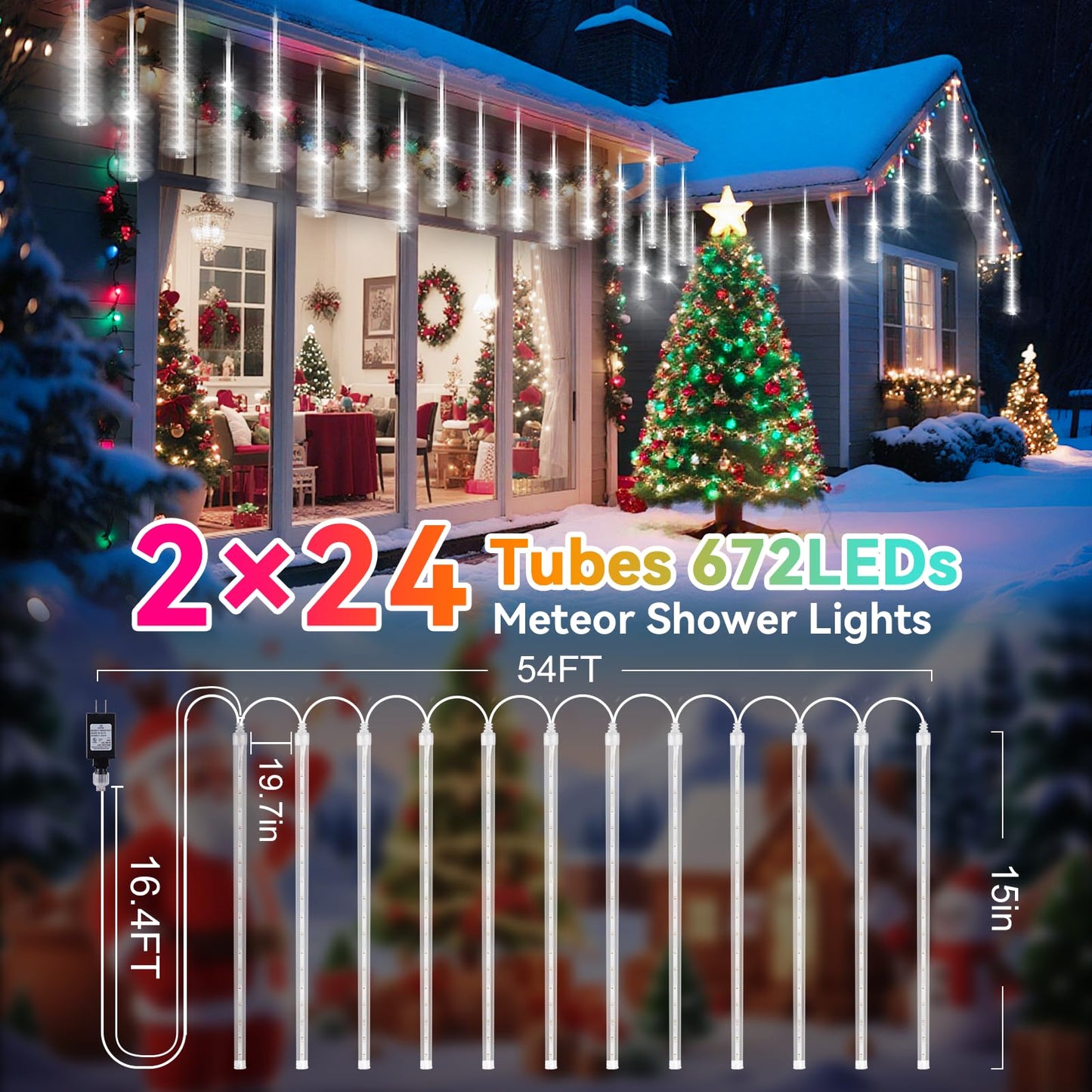 Knonew 2Pack Total 48 Tube Meteor Shower Lights 15 In 672 Leds Christmas Lights Outdoor Waterproof Plug In Falling Rain Light For Xmas Tree Wedding Party Garden Holiday Decorations (Cool White)