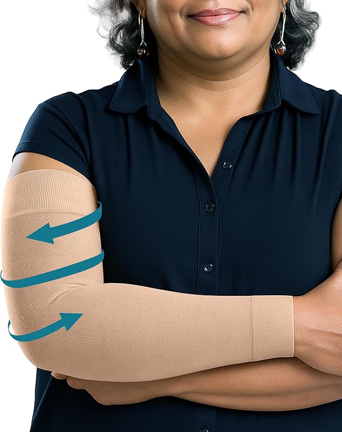 KEMFORD Lymphedema Compression Arm Sleeves for Women - 15-20 mmHg, With Silicone Grip, 1 Pair, Beige, 3XL - Arm Support fo...