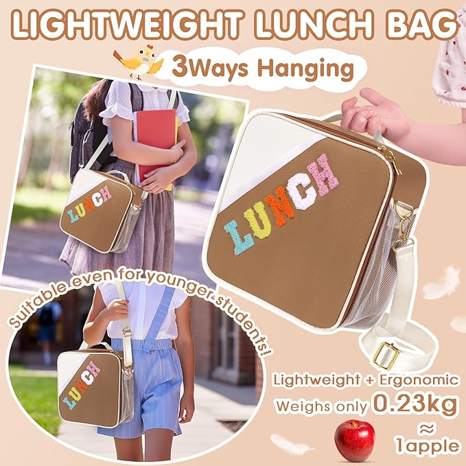 Lunch Bag Kids,Insulated Lunch Bag With Adjustable Shoulder Strap,Reusable Lunch Bag for Kids, Girls,Boys, lunch Bag Women,Preppy Lunch Box for School,Travel, Picnic (brown)