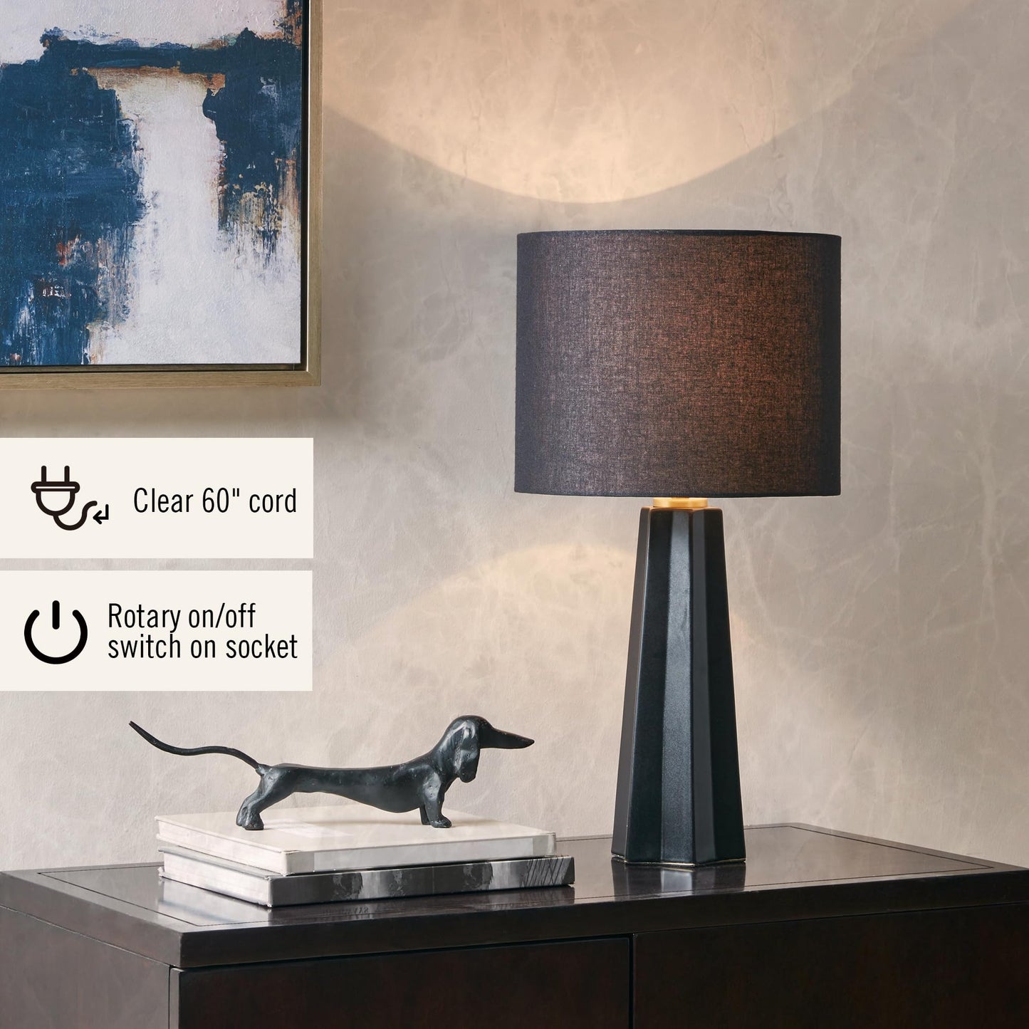 INK+IVY Table Lamp - Matte Black Ceramic, Linen Shade, 22inH, Geometric Design, Model MT153-0049