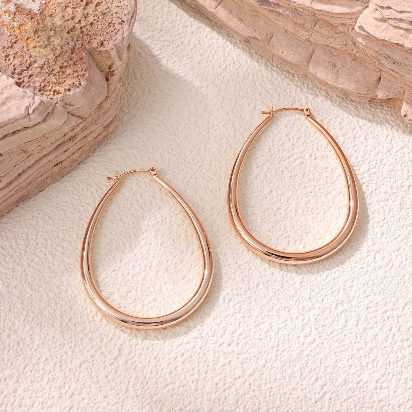 Gacimy Rose Gold Chunky Hoop Earrings for Women, 14K Rose Gold Plated Oval Hoop Big Earrings with 925 Sterling Silver Post, 50mm