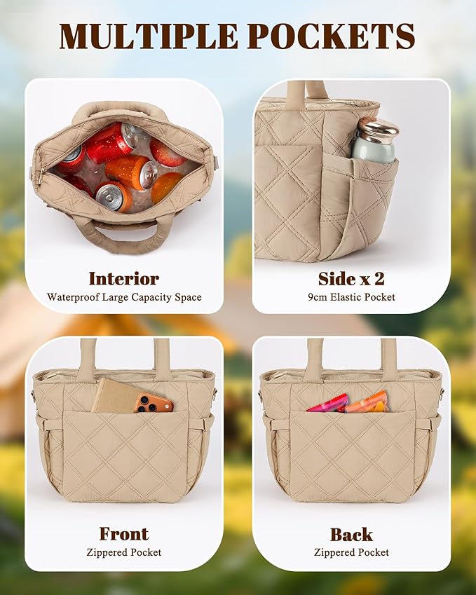 Insulated Lunch Box for Women Men, Soft & Puffy Lunch Bag, Large Capacity Leakproof Reusable Tote Cooler Bag with 4 Pockets, Adjustable Strap, Ideal for Work, Outdoors, Picnic, Travel (Khaki)