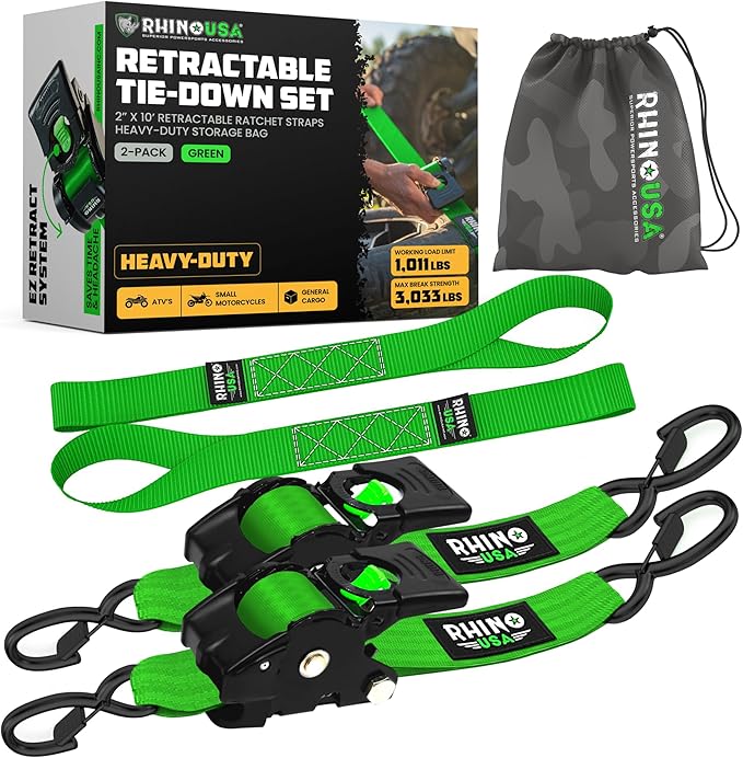 Rhino USA Retractable Ratchet Straps (2-Pack) - 2 Inch x 10 Feet (3,033lb Break Strength) - Heavy Duty Auto Self Retractin...