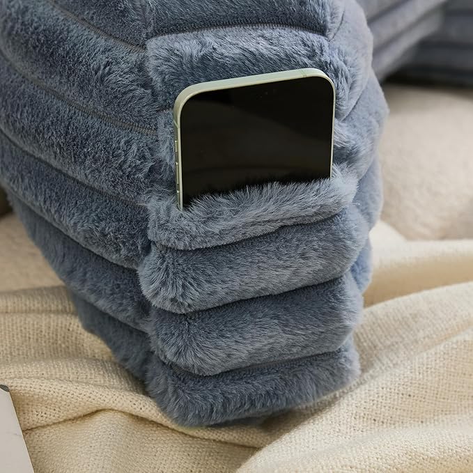 WERDIM Reading Pillow for Sitting in Bed, Faux Fur Back Pillow for Bed Rest, Bed Chair Pillow with Arms and Pockets(Large, Dusty Blue)