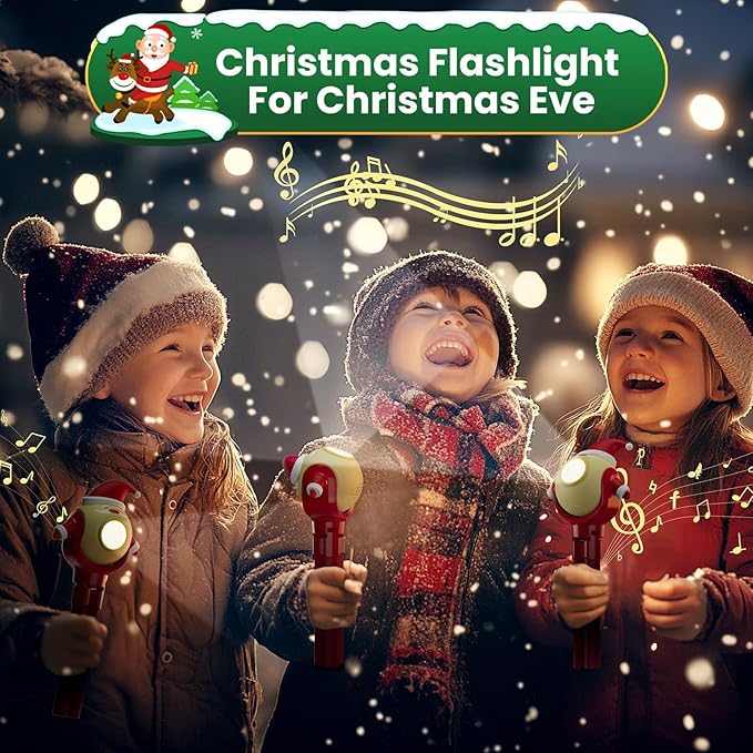 TOLYS Santa Claus Kids Flashlight – Rechargeable LED Torch with 8 Songs, USB-C, Fun Flashlight for Boys & Girls, Perfect for Parties, Camping & Outdoor Adventures
