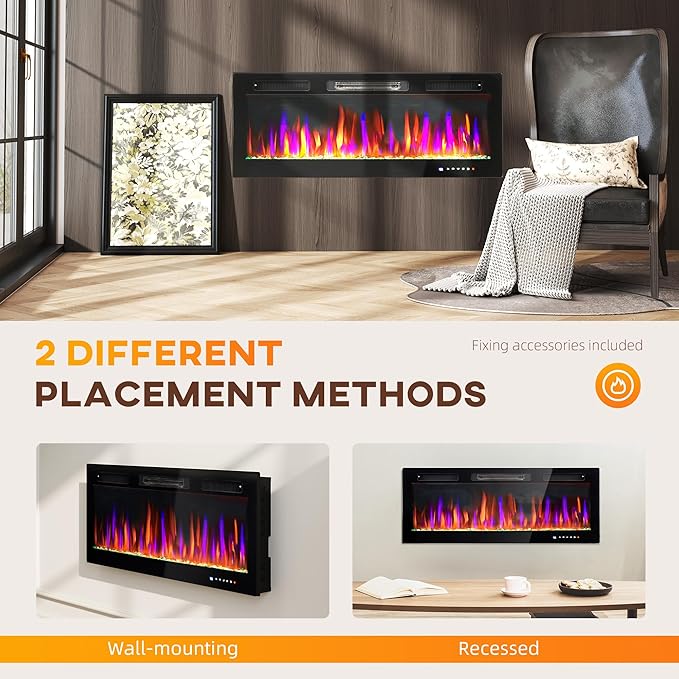 HOMCOM 50" Electric Fireplace Recessed and Wall Mounted with Remote, 750W/ 1500W Ultra-Thin Fireplace Heater and Linear Fireplace with Timer, 12 Color Flame Effect, Crystal, Black