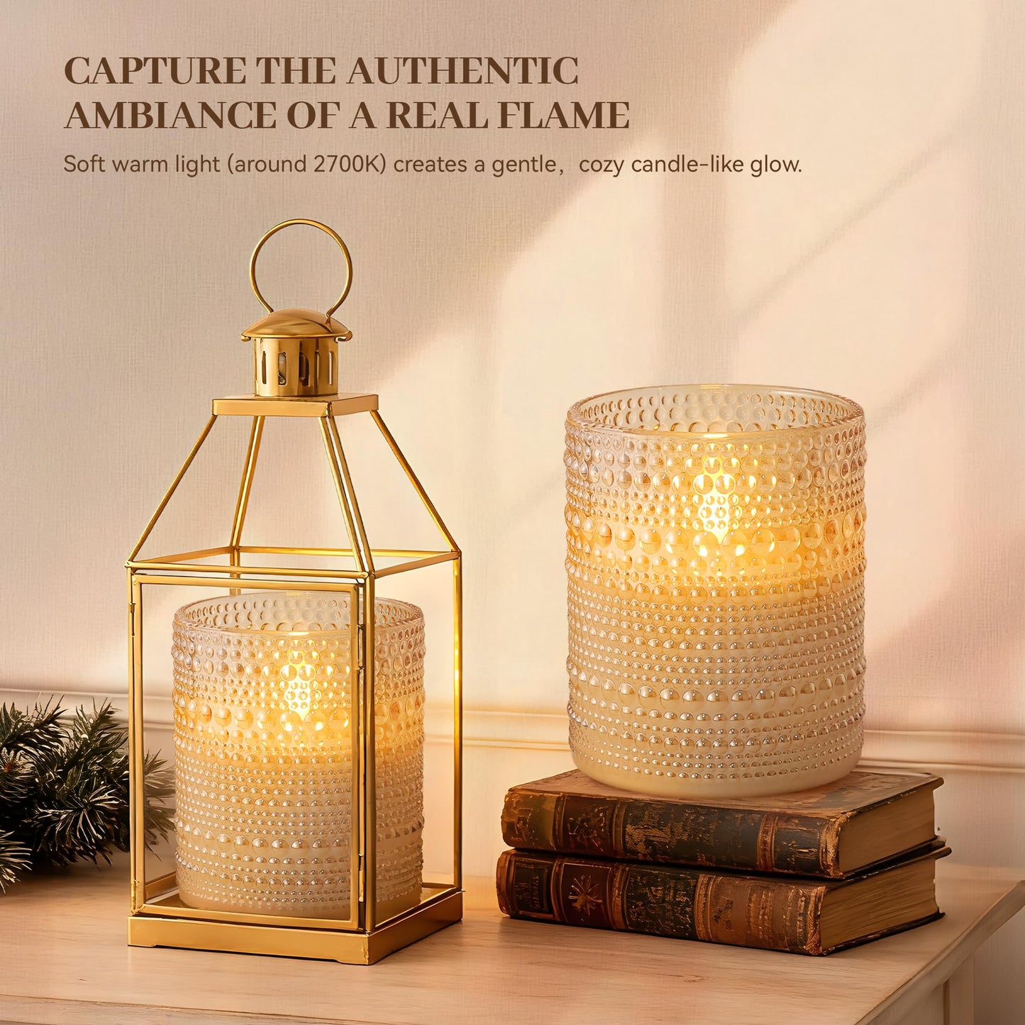 Velsyn Dotted Glass Flameless Candles with Remote Timer, Real Wax Battery Operated LED Pillar Candles with 3D Flickering Flame for Festival Wedding Home Party Decor, 3" x 4", 4" x 5", Set of 2 (Gold)