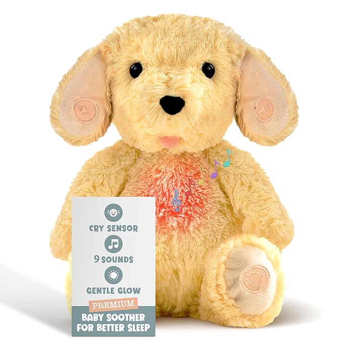 Gemma Joy Baby Sleep Soother Puppy for Baby – Cry Activated Heartbeat Stuffed Animal – Rechargeable Crib Soother with White Noise, Shush, Lullabies & Night Light – Newborn Essentials Must Haves