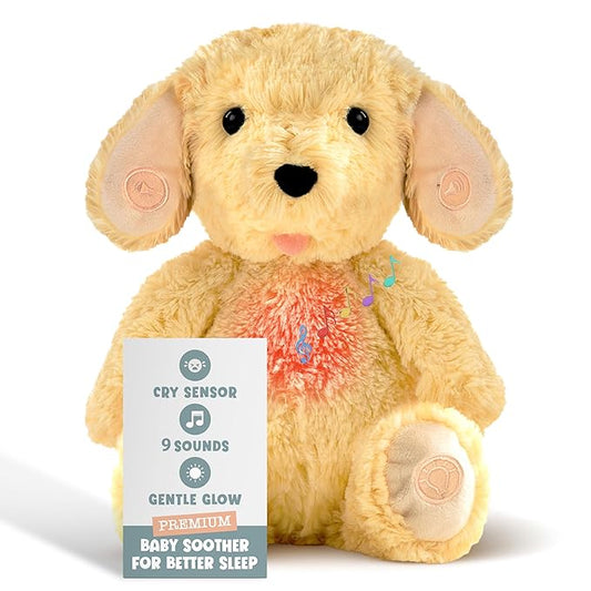 Gemma Joy Baby Sleep Soother Puppy for Baby – Cry Activated Heartbeat Stuffed Animal – Rechargeable Crib Soother with White Noise, Shush, Lullabies & Night Light – Newborn Essentials Must Haves