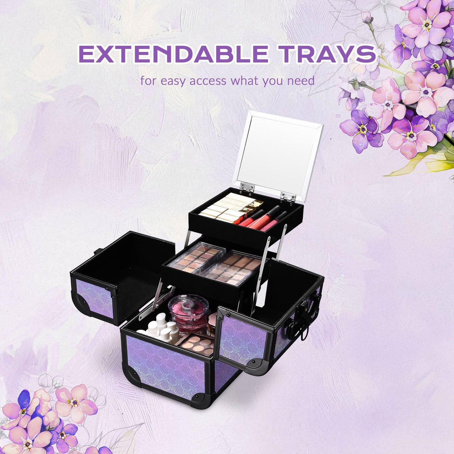 BYOOTIQUE Protable Nail Station Rolling Manicure Table Foldable Kit with 2-Tier Trays Makeup Train Case Small Travel Cosmetic Ba