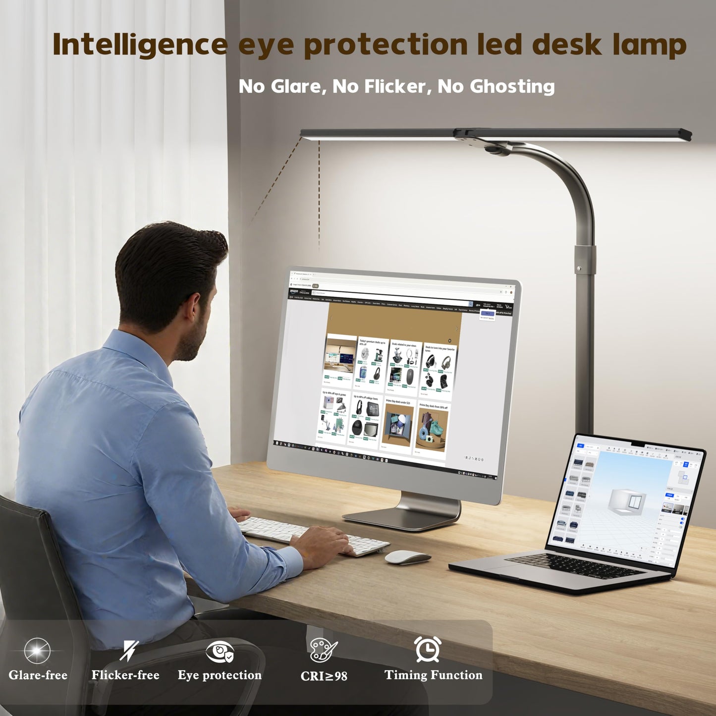 SICCOO LED Double Head Desk Lamp, 24W Brightest Architect Lamp, 5 Adjustable Brightness, Large, Acrylonitrile Butadiene Styrene