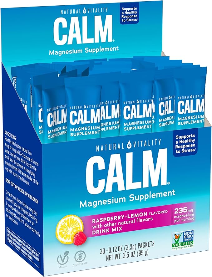 Natural Vitality Calm, Magnesium Citrate Supplement, Anti-Stress Drink Mix Powder - Gluten Free, Vegan, & Non-GMO, Raspberry Lemon, 0.12 oz, 30 Packets