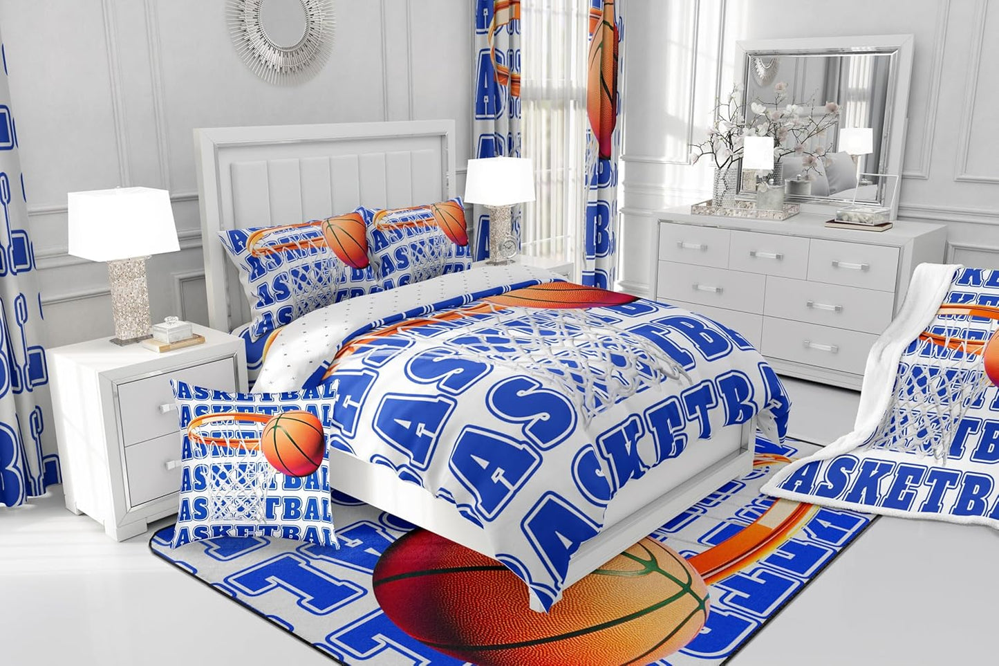 Feelyou Basketball Polyester Bath Rug Blue White Soft Fleece Door Carpet for Kids Boys Girls Orange Basketball Print Non Slip Bath Mat Ball Game Bathroom Floor Indoor Doormat,20x32 Inch