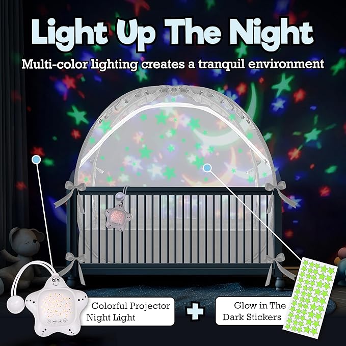 Baby Crib Tent - Toddler Bed Tent w/White Noise Machine, Wide Zipper Opening - Easy Setup Crib Cover w/Glow in The Dark Stickers & Custom Multi Color Light, Breathable Mesh Cribs Net (White)