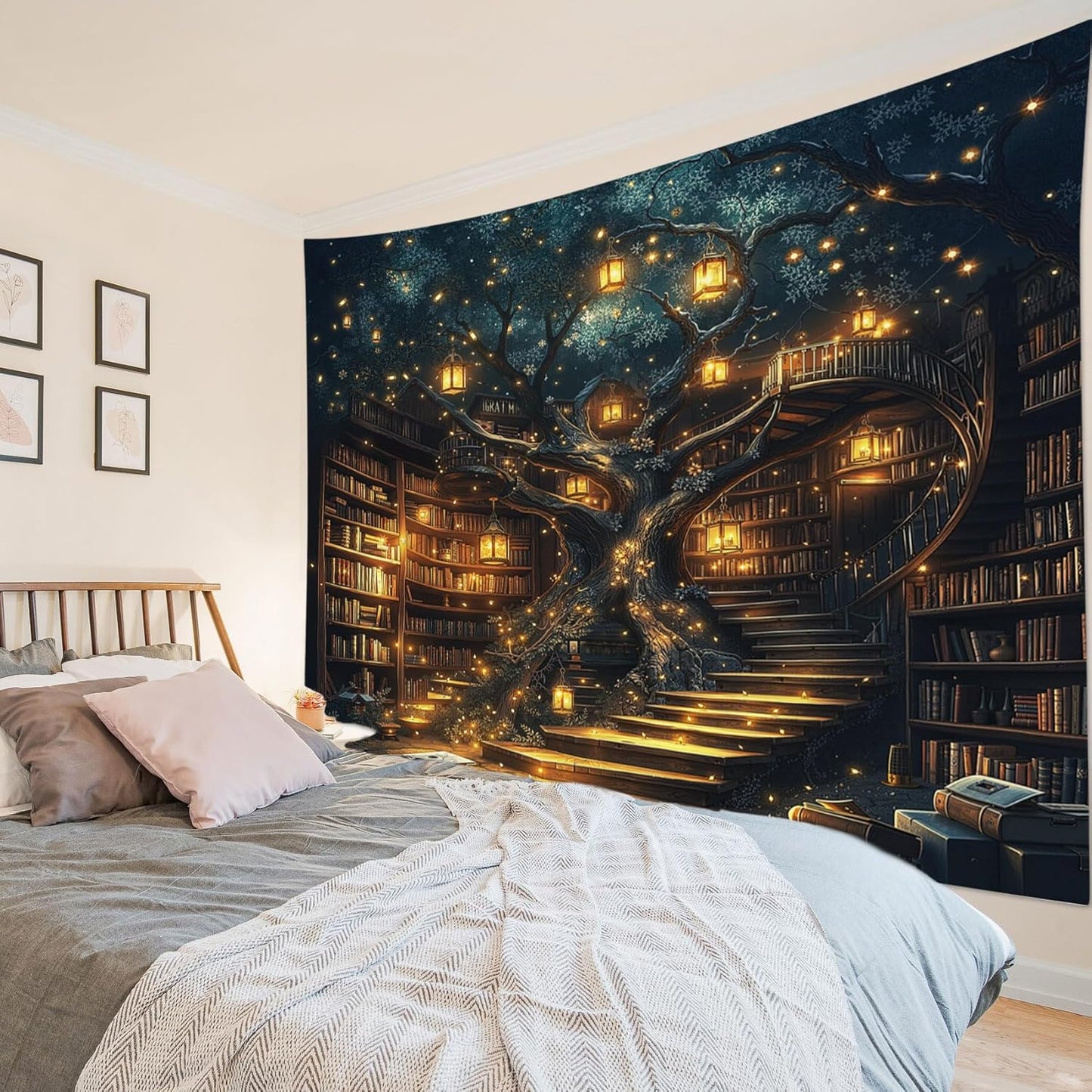 HVEST Fantasy Library Bookshelf Tapestry Wall Hanging Fairytale Tree Magic Bookshelf Tapestry Aesthetic Retro Vintage Tapestries for Bedroom Living Room Dorm, 51L x 59W Inches
