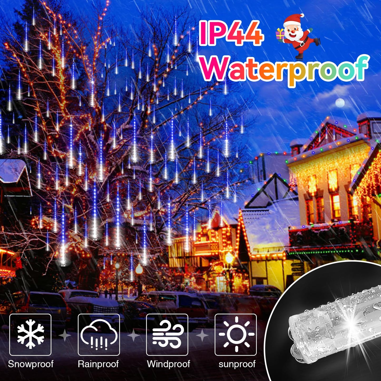 KNONEW LED Meteor Shower Lights, 24 Tubes, 672 LEDs, Waterproof, Blue & Cool White, Model KN-1000-LIG168-01, Outdoor Holiday Decorations