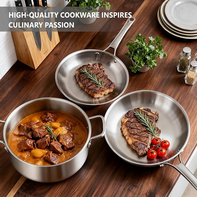Bonnlo 10 Pieces Cookware Set, 3-Ply Stainless Steel Pots and Pans Set with Lids, Non-Toxic Kitchen Set, Oven & Dishwasher Safe, Induction Cooking Set, PFOA & PTFE Free, Compatible for All Cooktops